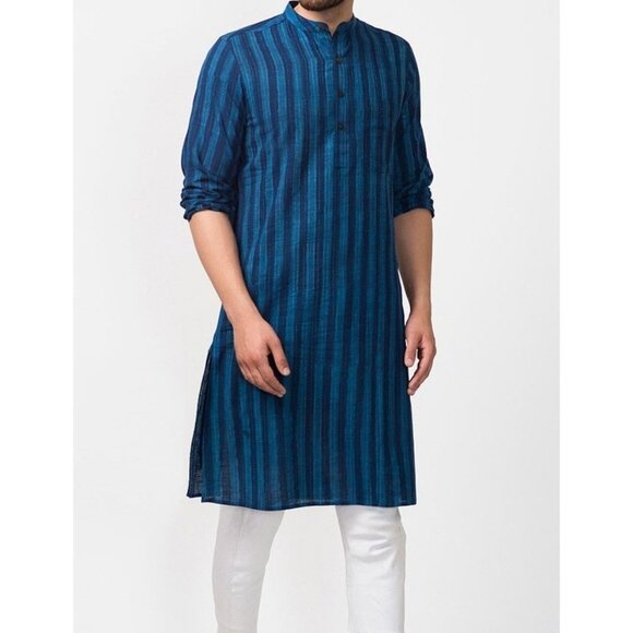 Prabartana Men's Punjabi Kurta 100% Cotton Hand Loomed Blue Teal Striped Tunic - Picture 11 of 12